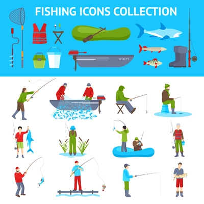 Fishing gear and equipment flat icons collection with fisherman in motorboat catching fish banners abstract vector illustration