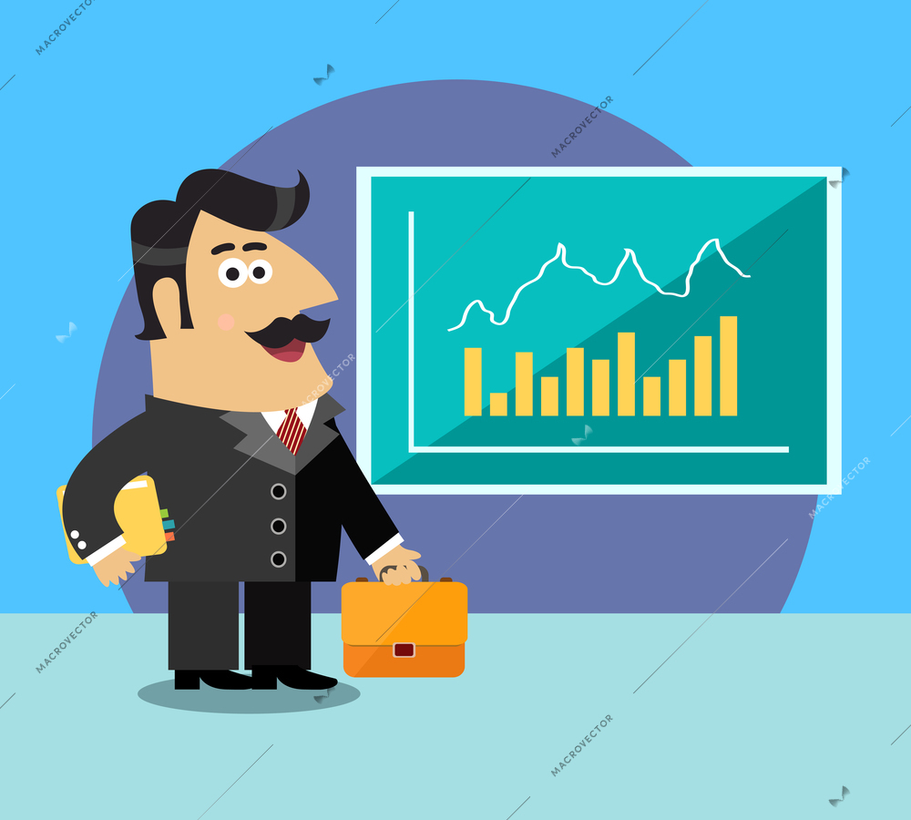 Business life shareholder in suit  with briefcase and paper folder near the chart scene concept vector illustration