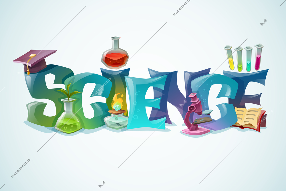 Science concept with decorative inscription and laboratory equipment for biology and chemistry scientific research colorful poster vector illustration