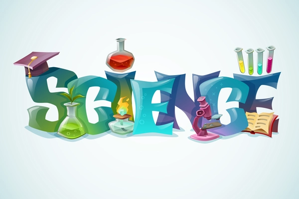 Science concept with decorative inscription and laboratory equipment for biology and chemistry scientific research colorful poster vector illustration