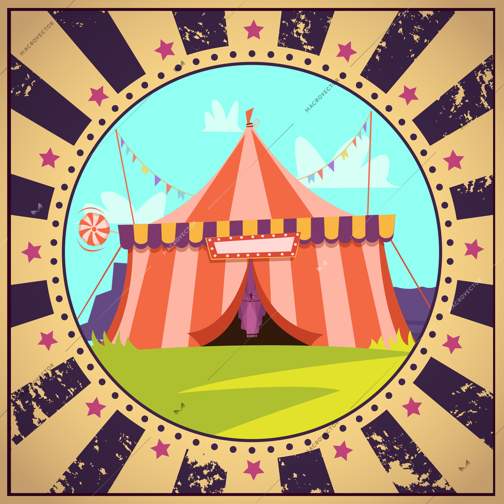 Circus cartoon poster with entrance signboard lawn and decorations vector illustration