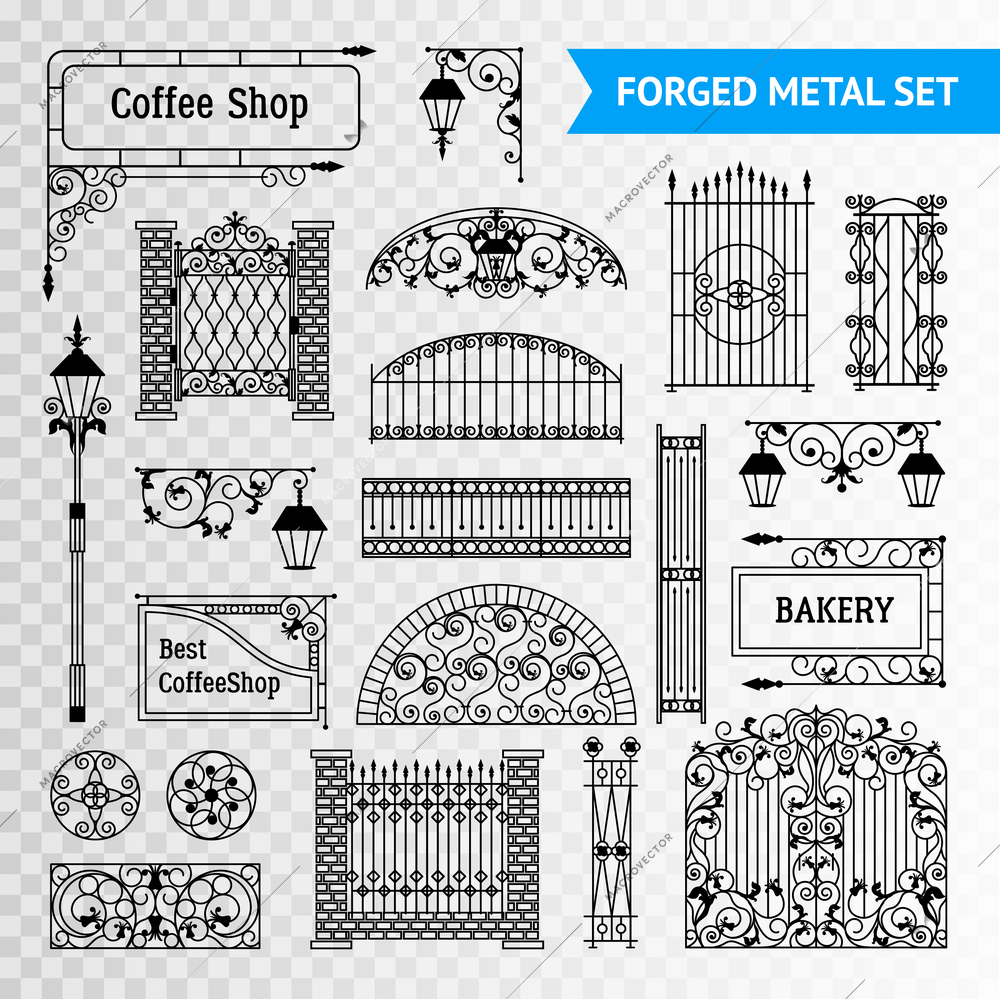 Ornamented iron castings steel forged fences elements set with gates railing and vintage shop signs black vector illustration