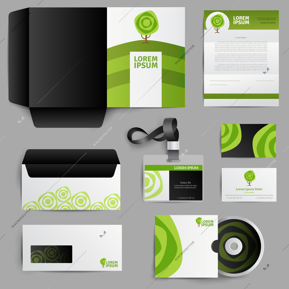 Corporate identity eco design of envelope postcard invitation badge with green tree icons isolated vector illustration