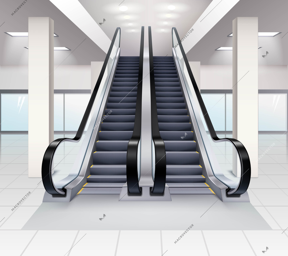 Up and down escalators inside building concept realistic vector illustration