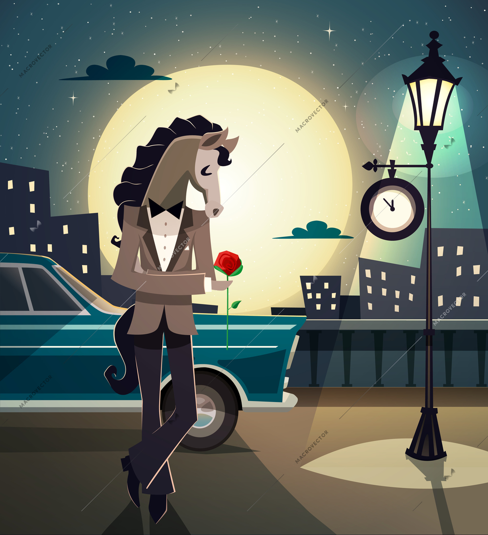 Flat illustration of hipster romantic horse with red rose at night vector illustration