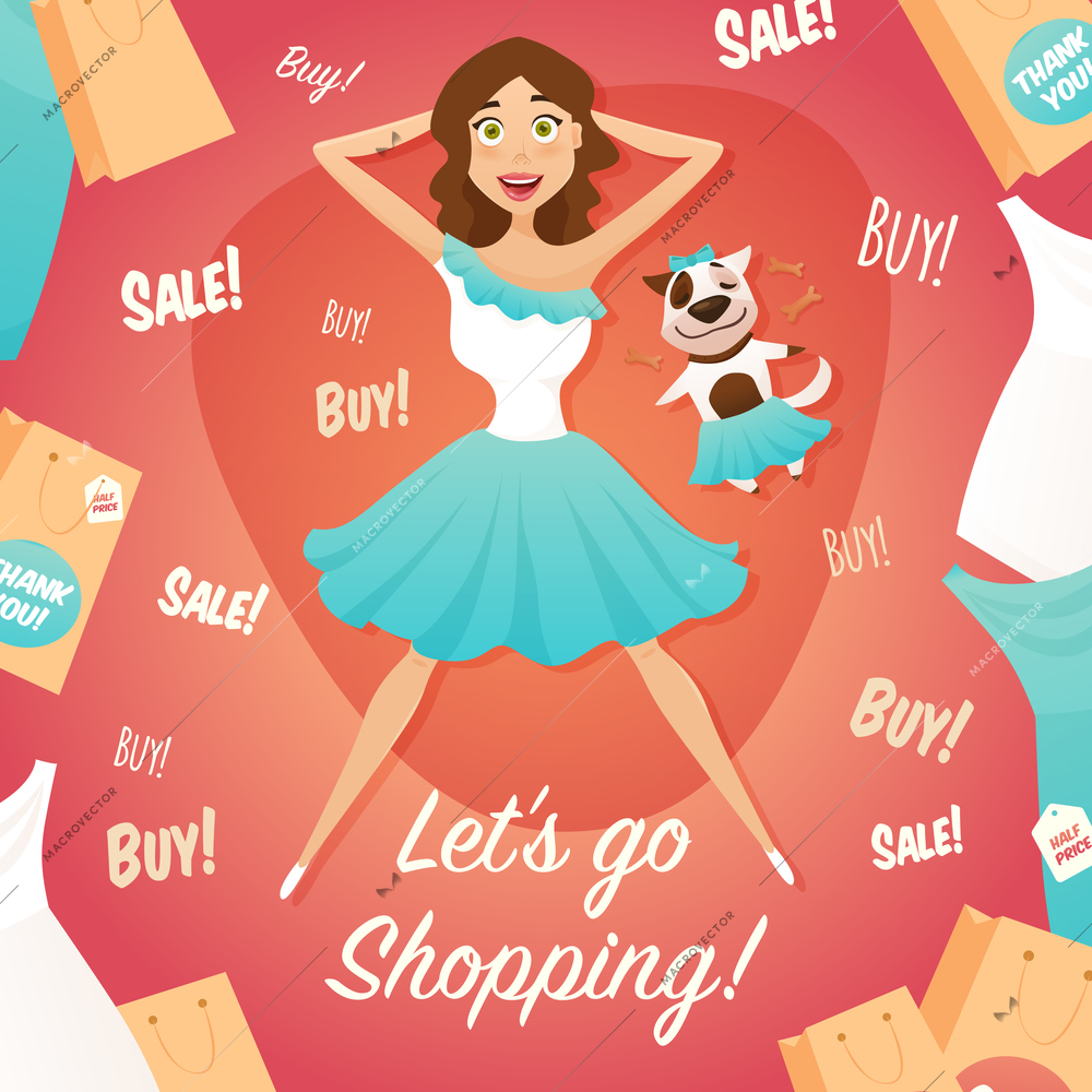 Department store big seasonal sale advertisement poster with vintage style shopping girl flat retro abstract vector illustration