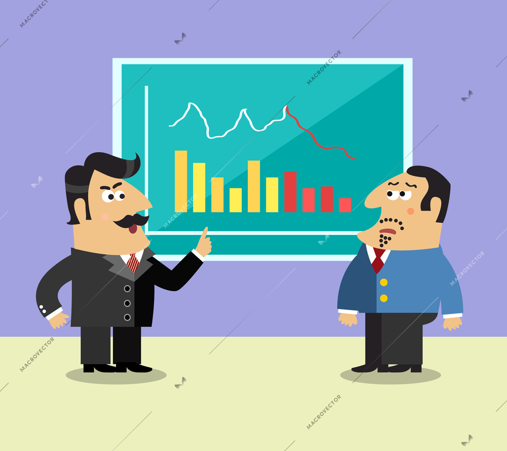 Business life shareholder in suit near the graph and frustrated executive director scene concept vector illustration