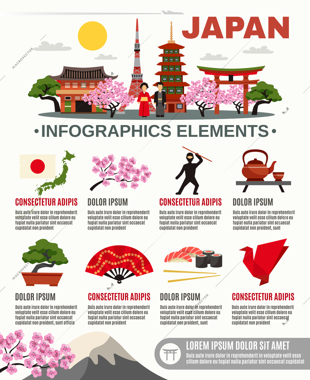 Information on traditional Japan culture food and historical landmarks flat poster with infographic elements abstract vector illustration