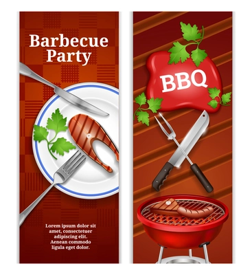 Bbq vertical banners with juicy steak on plate and grilled meat products on barbecue vector illustration