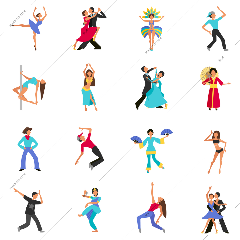 Set of color flat icons with figure people dancing vector illustration