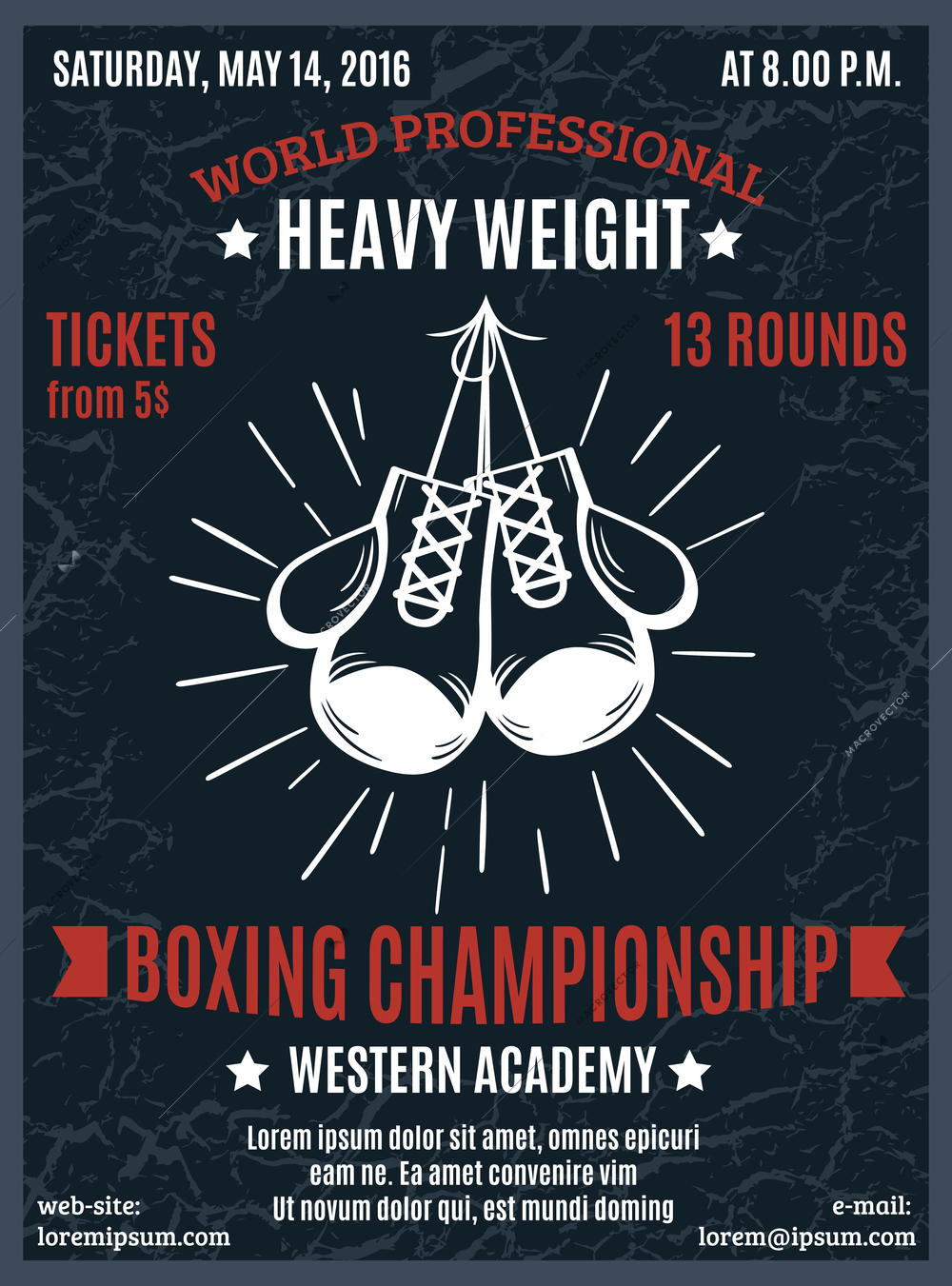 Boxing professional championship poster with heavy weight battle advertising and white boxer gloves in black background  vector illustration