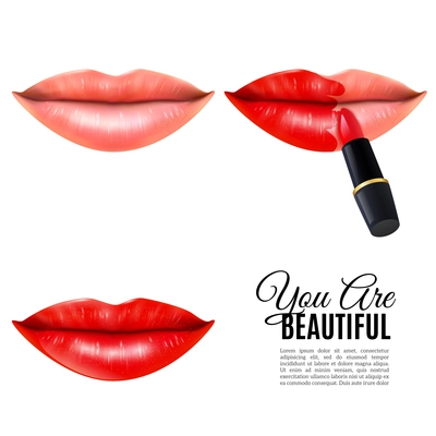 Applying red lipstick colorful pictorial steps icons set for beautiful lips white background poster realistic vector illustration