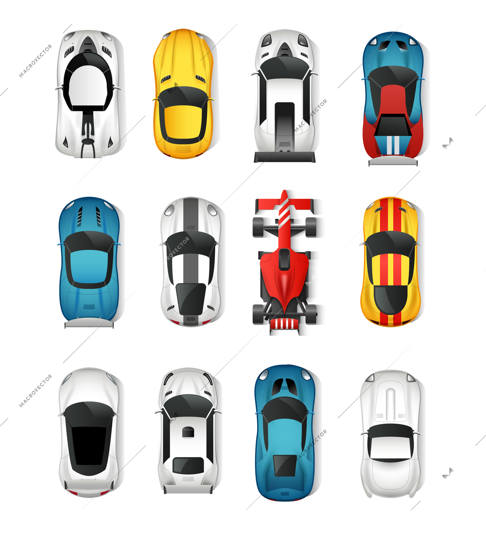 Sport Cars Top View Icons Set. Racing Cars Isolated Vector Illustration. Rally Cars Design Set. Sport Cars Cartoon Decorative Set.