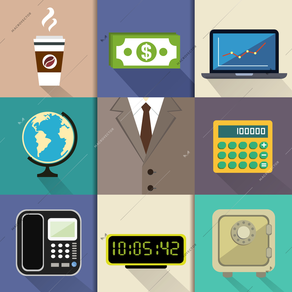 Business decorative items and office accessories with suit dollar notebook globe calculator phone clock safe vector illustration