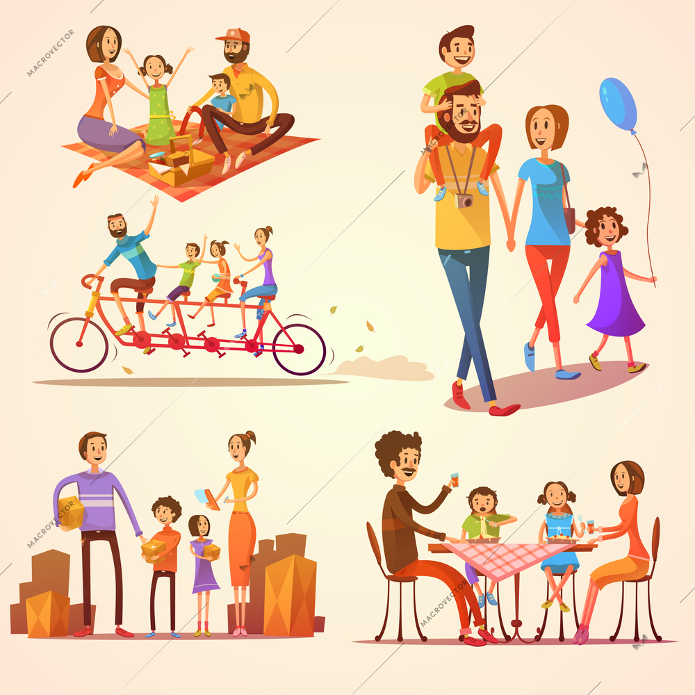 Family retro cartoon set with celebrations holidays and activities isolated vector illustration