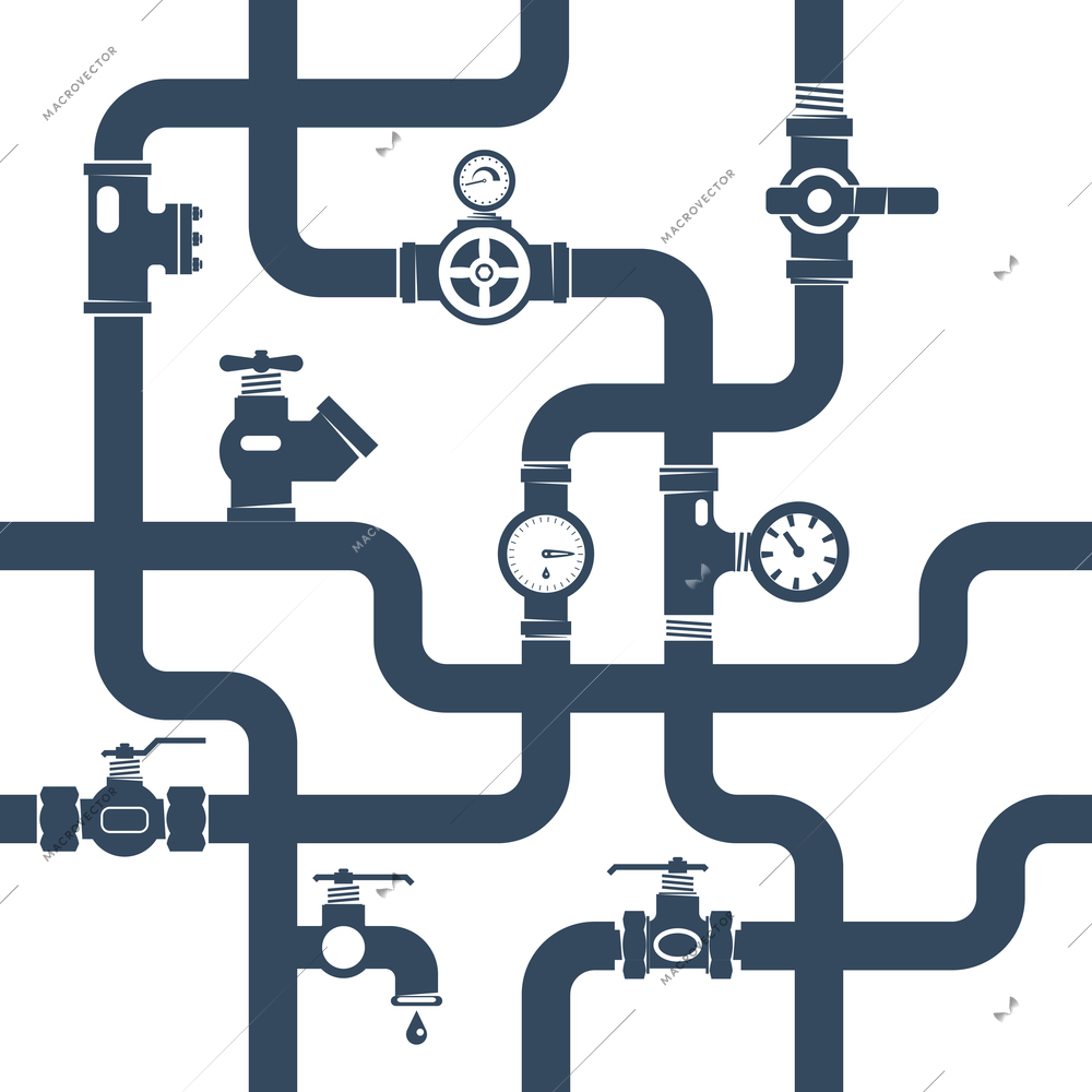 Pipes System Concept. Pipes Vector Illustration.Pipes Black White Flat Symbols. Pipes Black Design Set. Pipes System Decorative Elements.