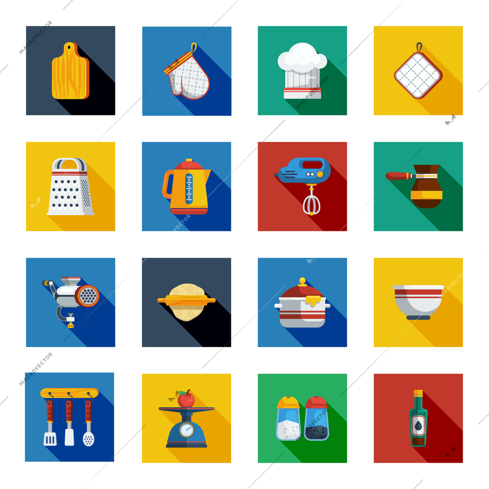 Cooking Shadow Icons Set. Kitchen Square Elements. Cooking Vector Illustration. Kitchen Flat Symbols. Cooking Design Set. Kitchen Objects Collection.