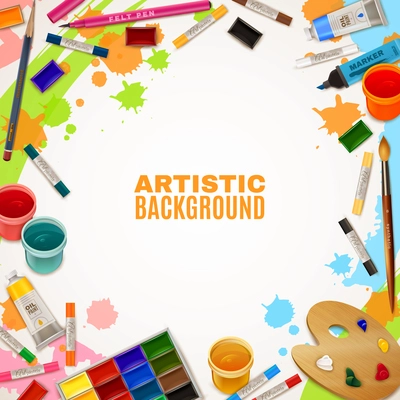 Artistic background with white empty place for text in center and decorative elements around representing art supplies for paintings vector illustration