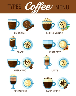 Set of different types of coffee drinks for coffeehouse or bar menu with americano espresso cappuccino ristretto latte flat vector illustration