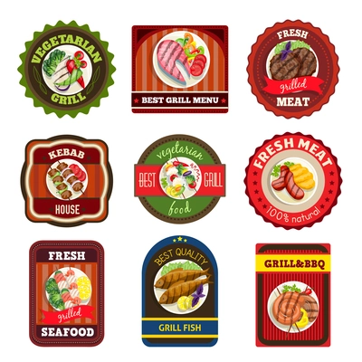 Grill dishes emblems kebab house vegetarian meal fresh seafood meat bbq vector illustration