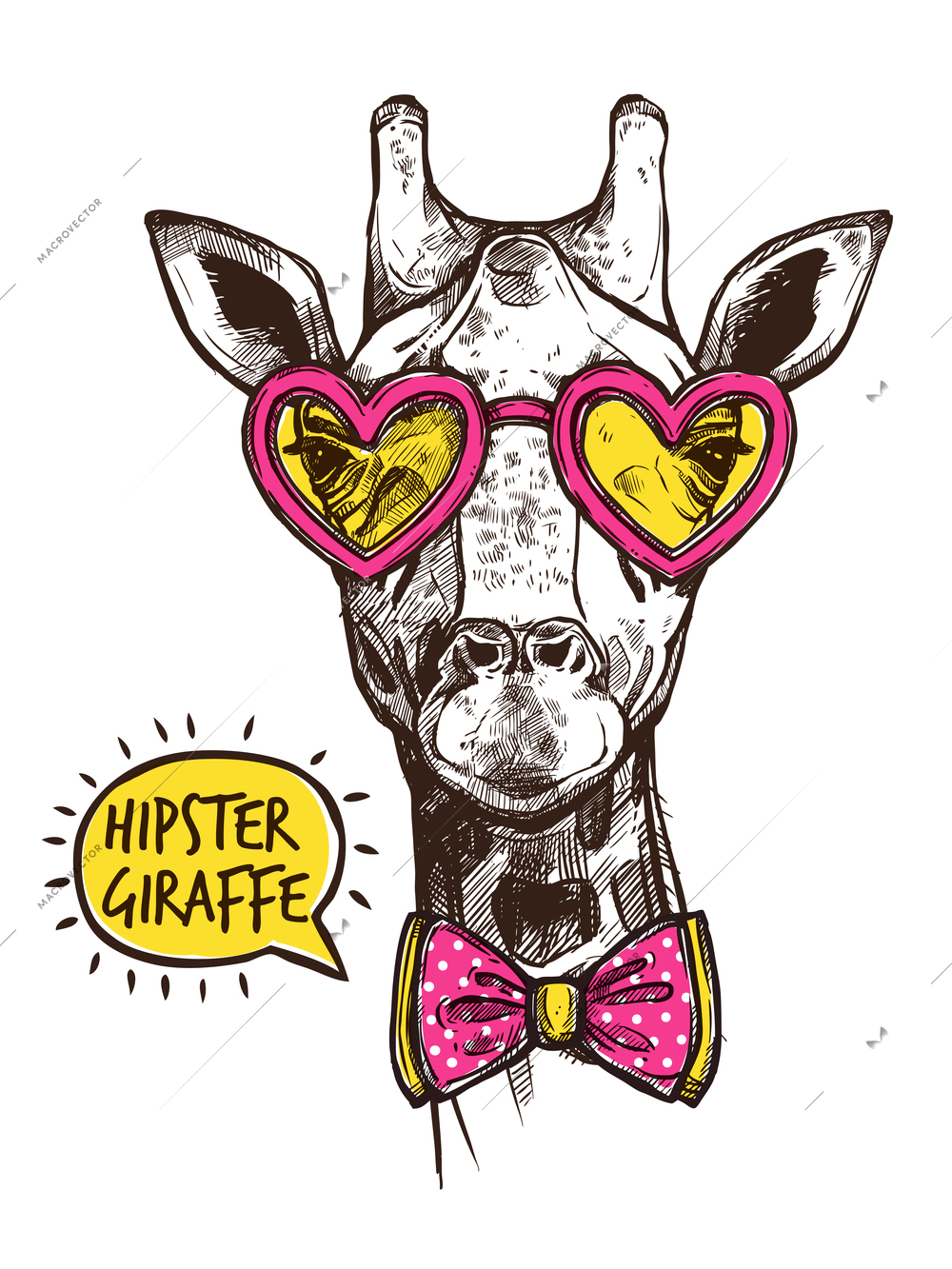 Hipster giraffe portrait in stylish pink heart glasses and bow-tie vector illustration