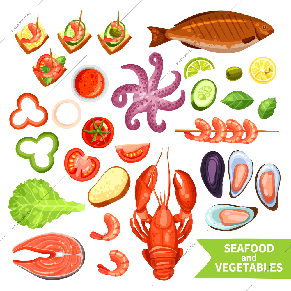 Icons set of seafood like fish and lobster and vegetables like tomato or pepper flat isolated vector illustration