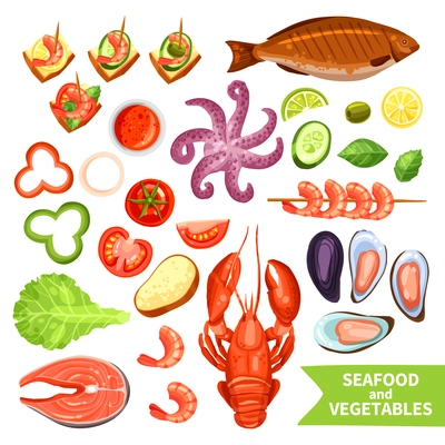 Icons set of seafood like fish and lobster and vegetables like tomato or pepper flat isolated vector illustration