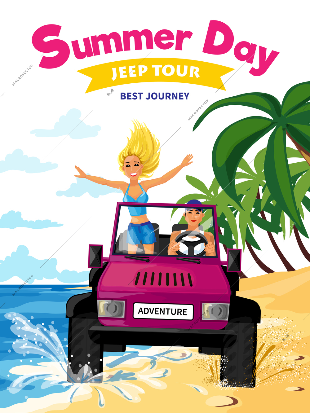 Summer holidays design concept in cartoon style with young girl and boy moving in jeep  on south coast vector illustration