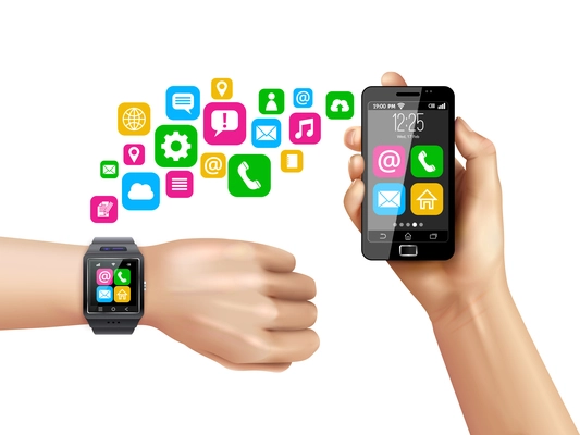 Transferring data from smartwatch on hand to smartphone process with colorful apps symbols white background vector illustration