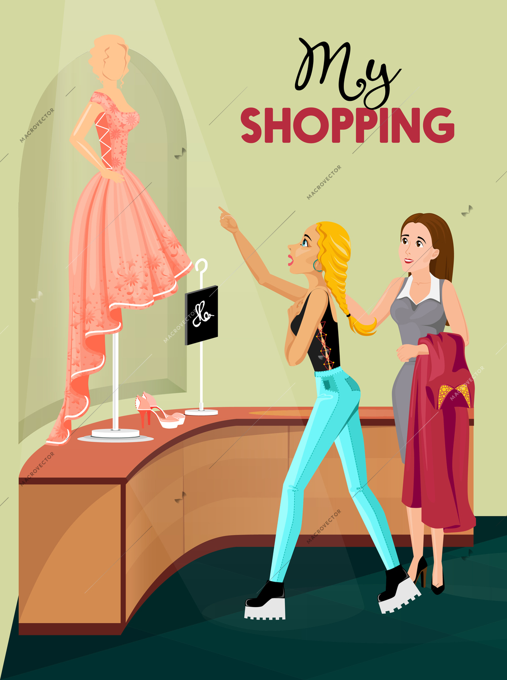 Young blonde girl  and seller looking at dummy in rose dress in interior of clothes shop flat vector illustration