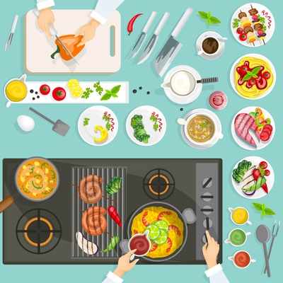 Chef workplace top view with dishes and utensils cooker surface grill vector illustration