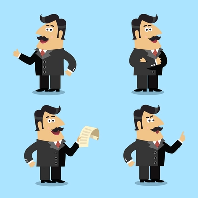 Business life shareholder in suit with paper emotional gestures and poses set isolated vector illustration