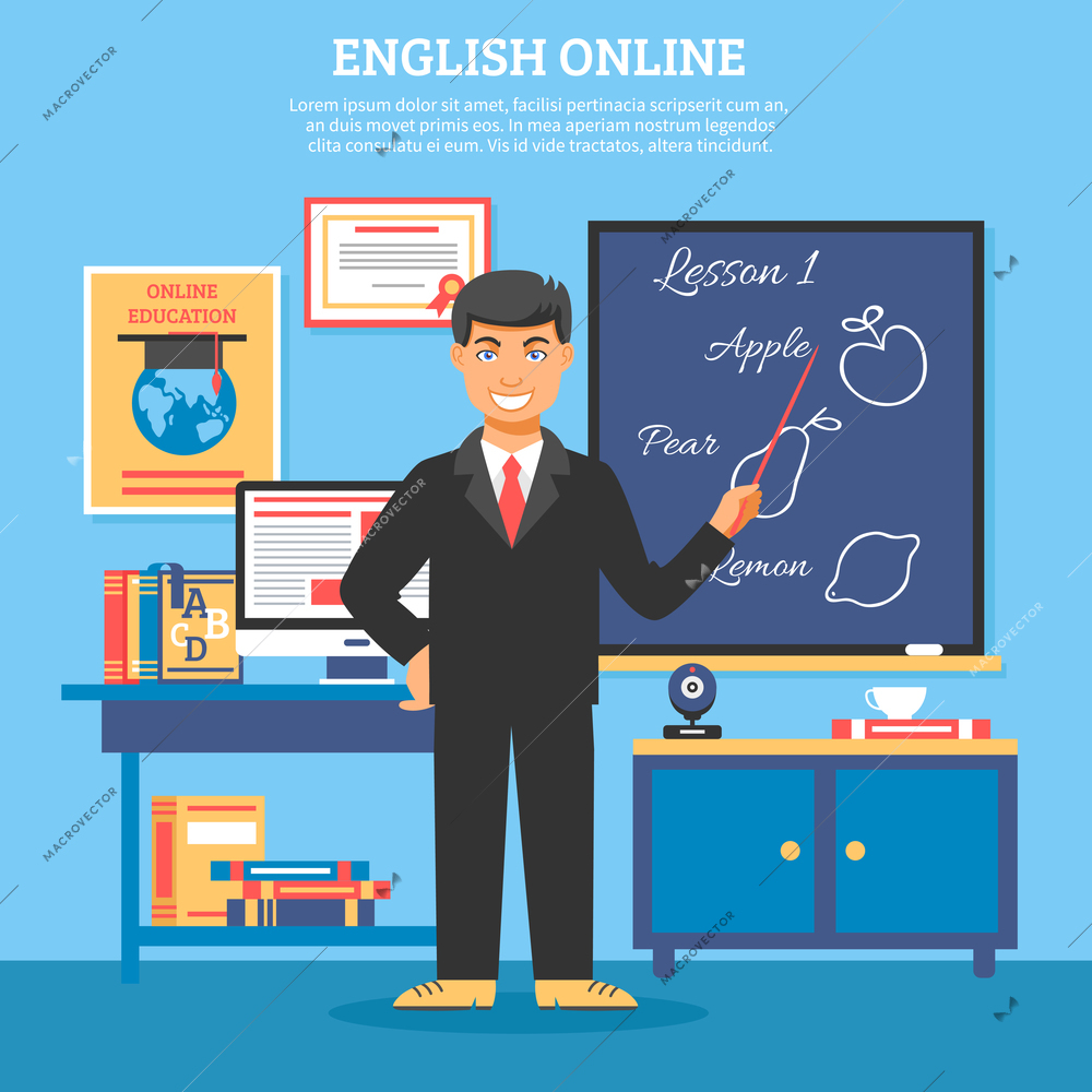 Online education training illustration poster with teacher standing at the blackboard and explaining the lesson vector illustration