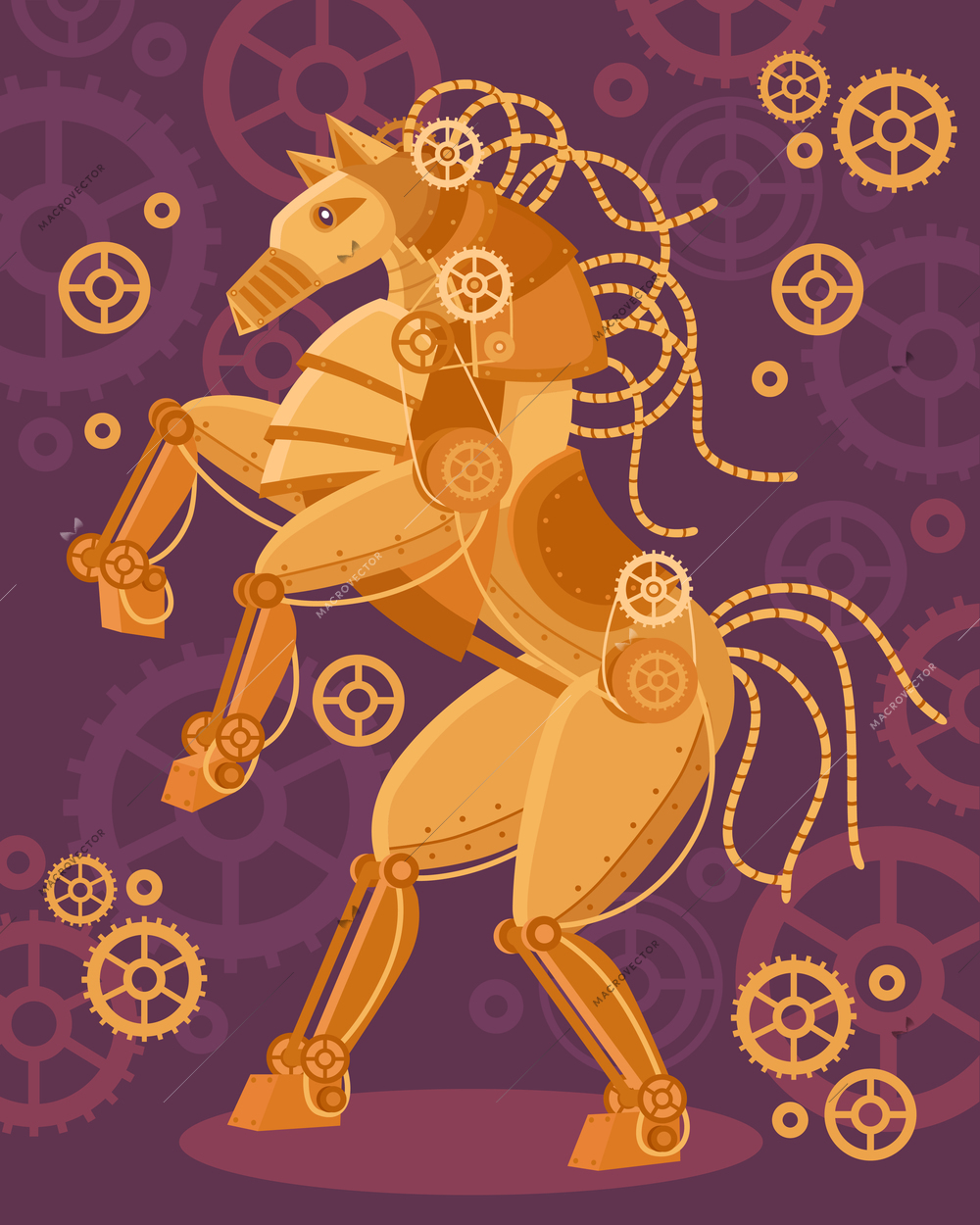 Steampunk art golden horse poster mechanical figurine and mechanisms around on a purple background vector illustration