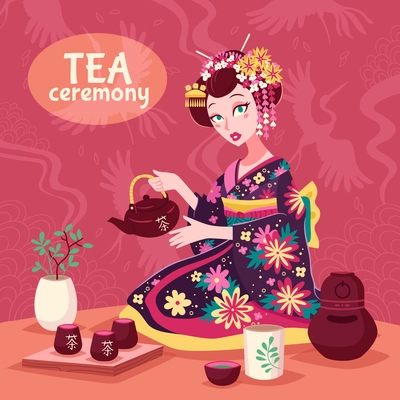 Tea ceremony poster with a woman in national dress making a delicious cup of tea vector illustration