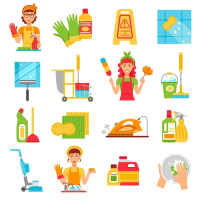 Cleaning service icon set with different types of clean stuff and women workers in the workplace vector illustration