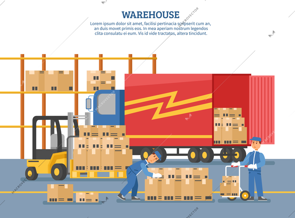 Logistics delivery poster with people who unload truck in warehouse and headline warehouse on top vector illustration