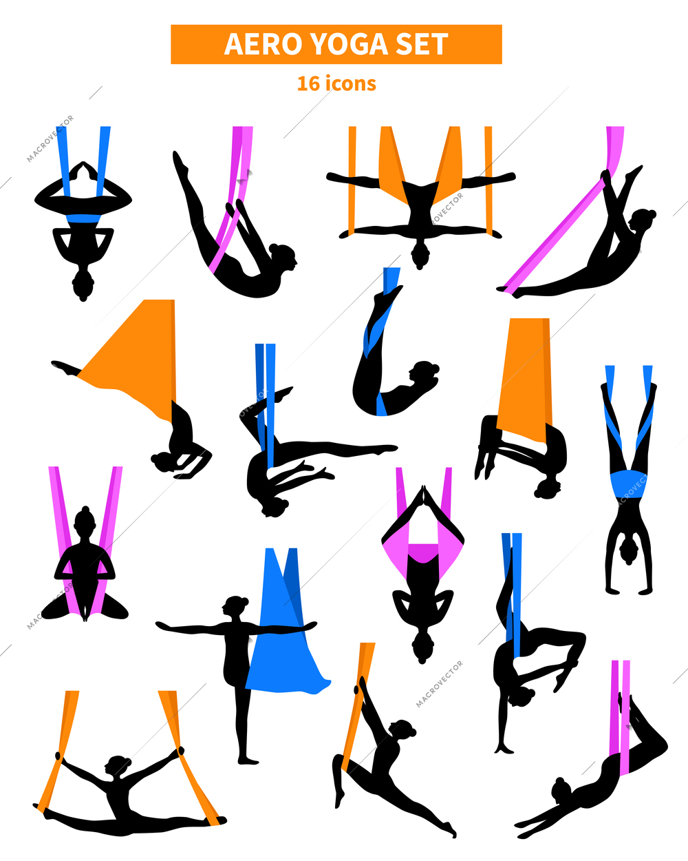 Aero yoga black white isolated icon set with silhouettes of women training in colored fabrics vector illustration