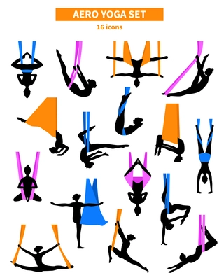 Aero yoga black white isolated icon set with silhouettes of women training in colored fabrics vector illustration