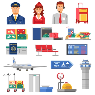 Airport icon set flight attendants and pilots figures elements and airport buildings airplanes and baggage carts vector illustration