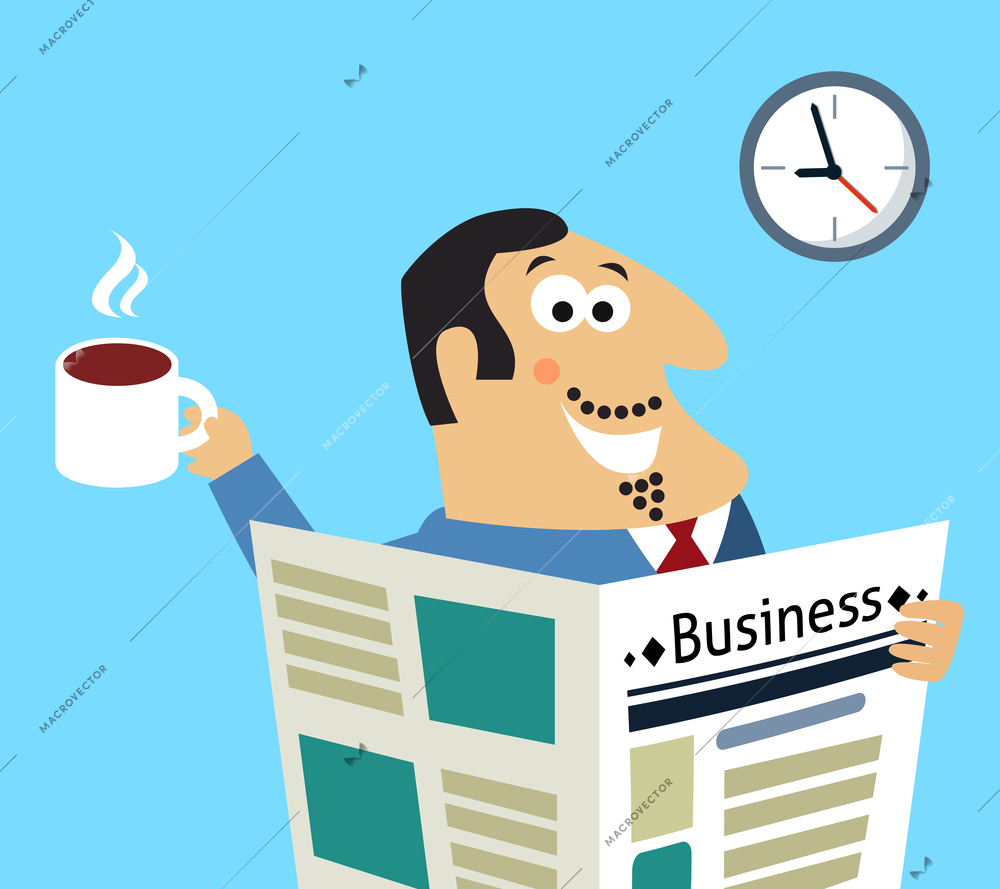 Business life morning happy boss with coffee mug and newspaper reading news stock prices scene concept  vector illustration
