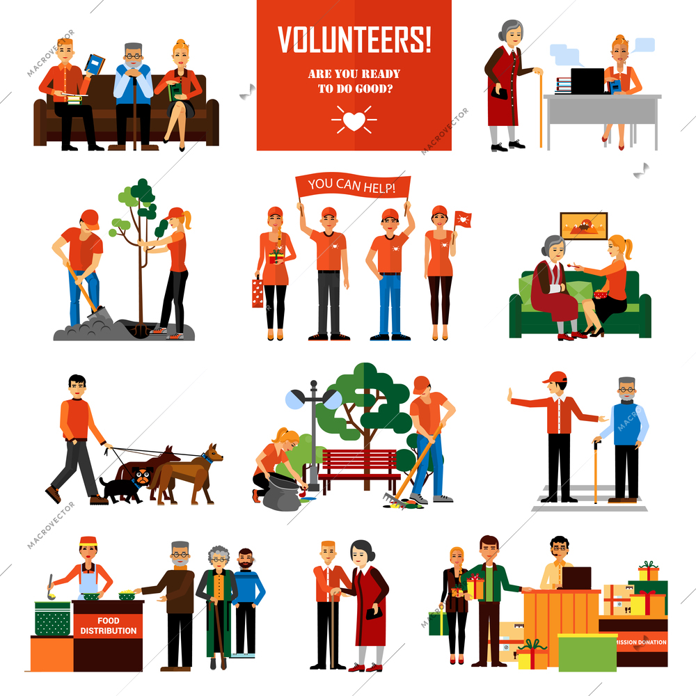 Volunteers decorative icons set with young people helping elderly and animals planting and cleaning city flat vector illustration