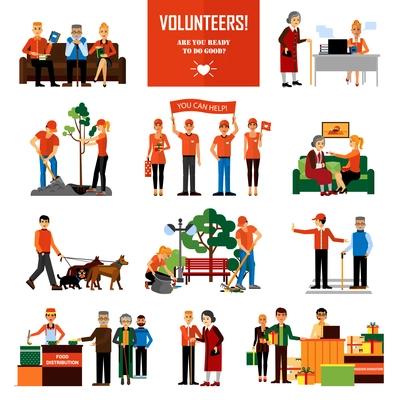 Volunteers decorative icons set with young people helping elderly and animals planting and cleaning city flat vector illustration