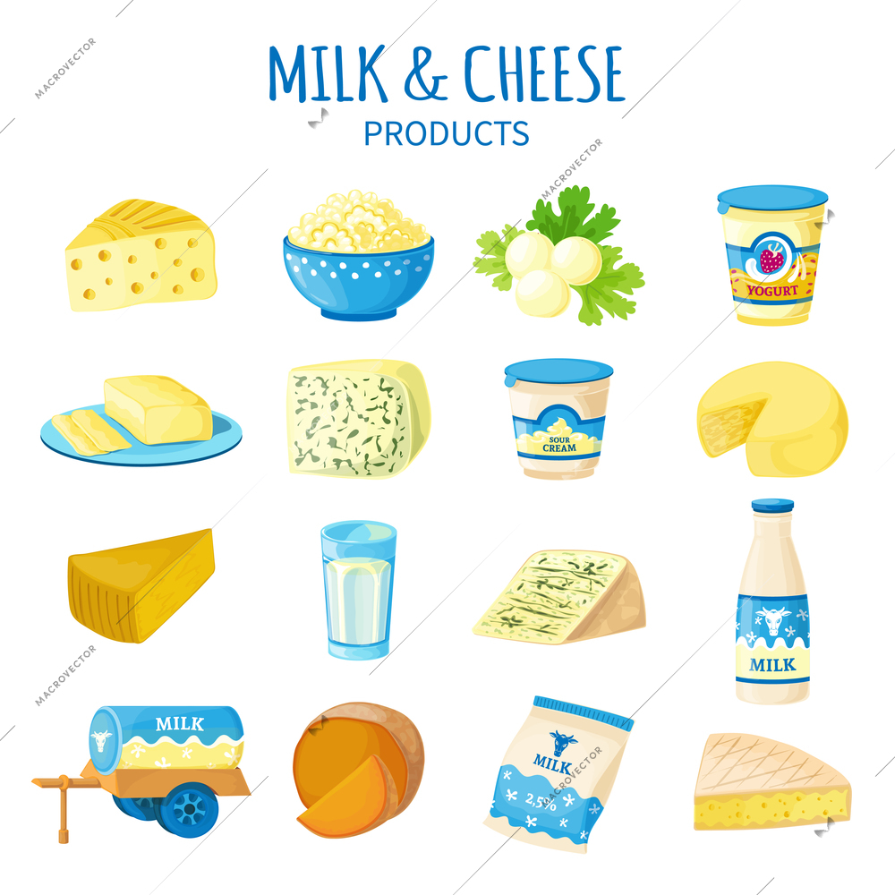 Color icons set of dairy products with cheese butter curd yogurt sour cream and milk bottle isolated vector illustration