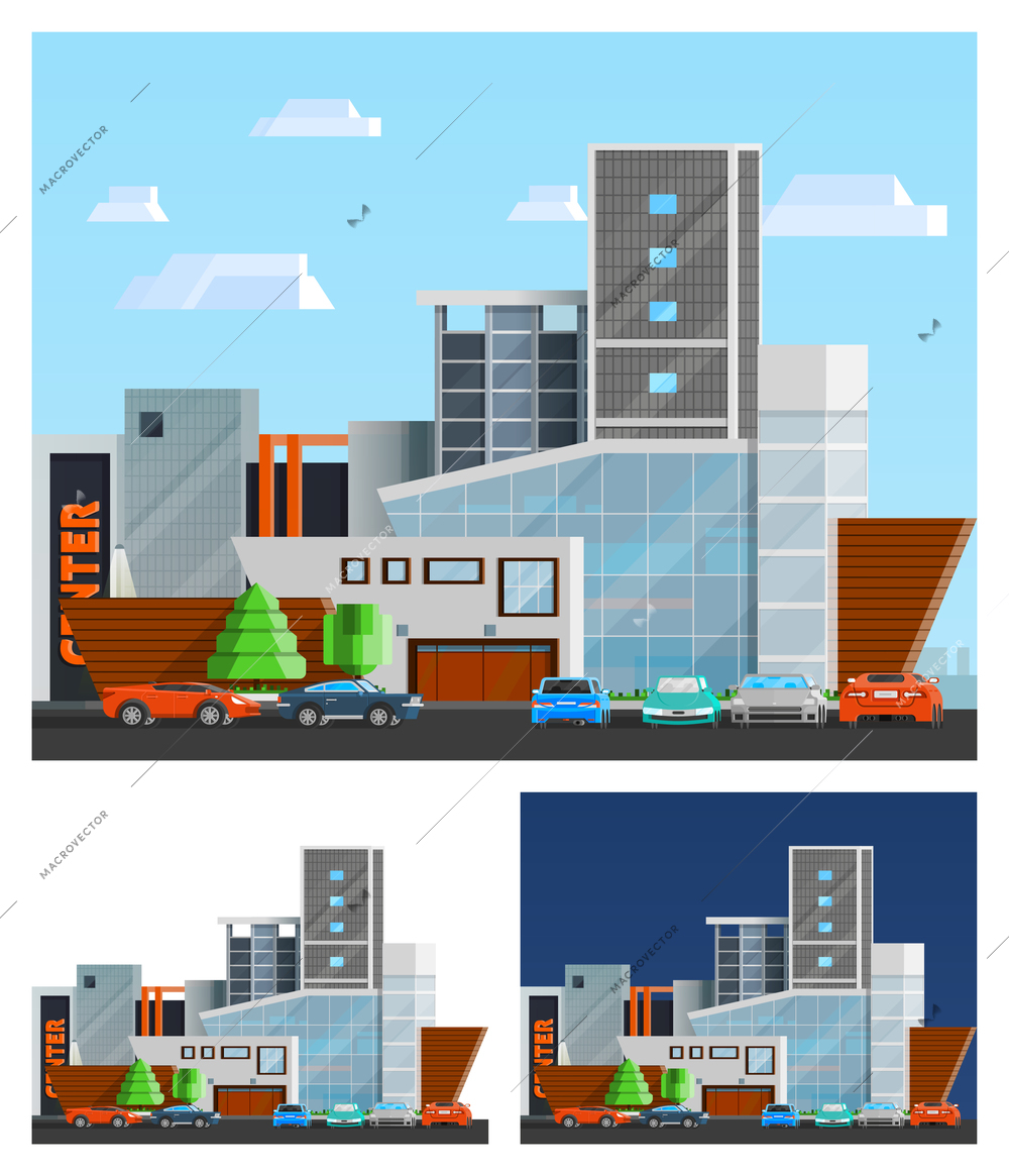 Shopping mall building orthogonal compositions set with parking and cars flat isolated vector illustration