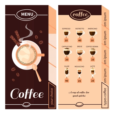 Coffee menu design for coffeehouse restaurant cafe or bar with names of coffee types plate and cigars flat vector illustration
