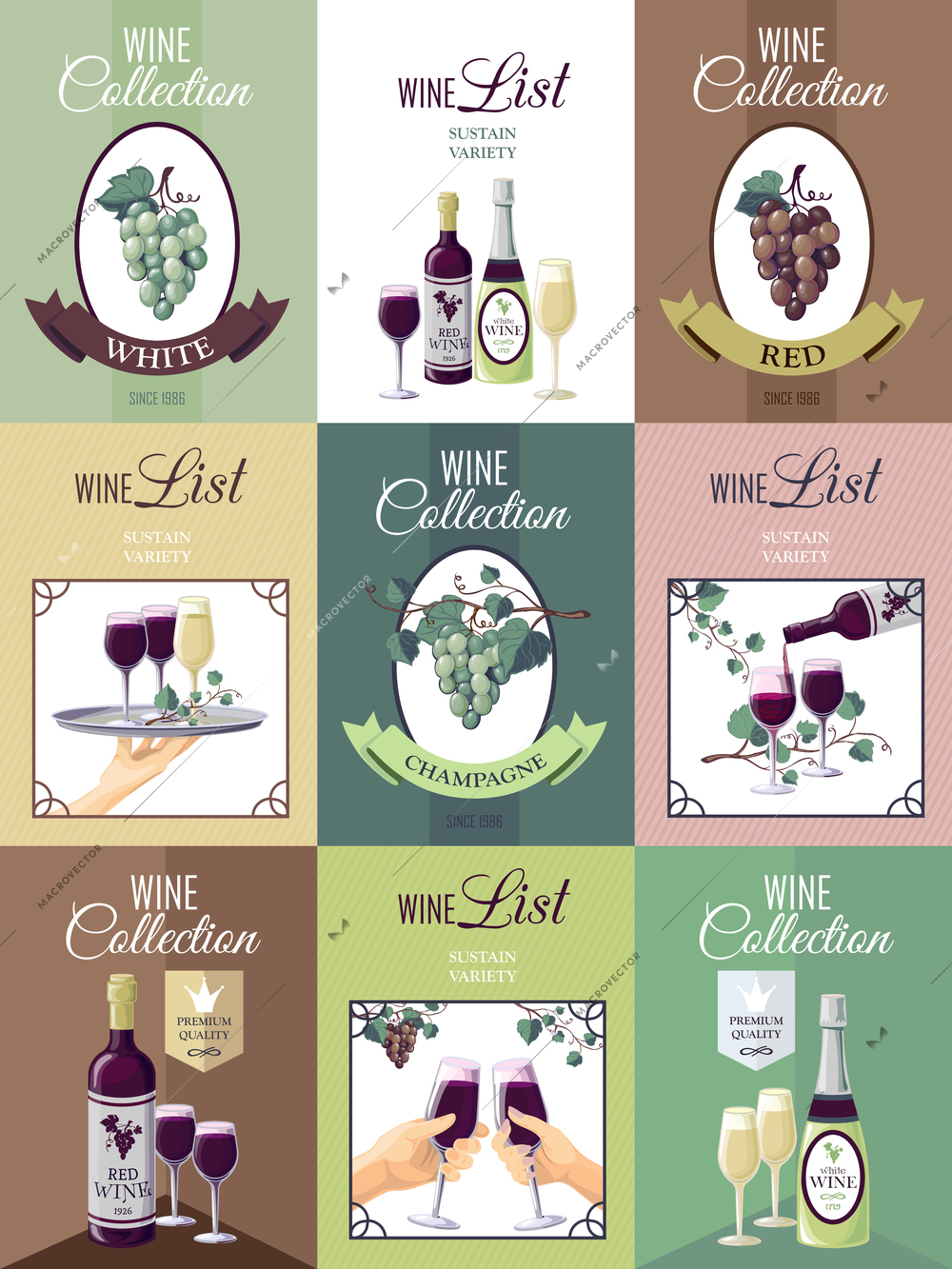 Set of nine wine posters for restaurant or bar menu with presentation of wine collection bunches of grapes vine glasses and bottles  vector illustration