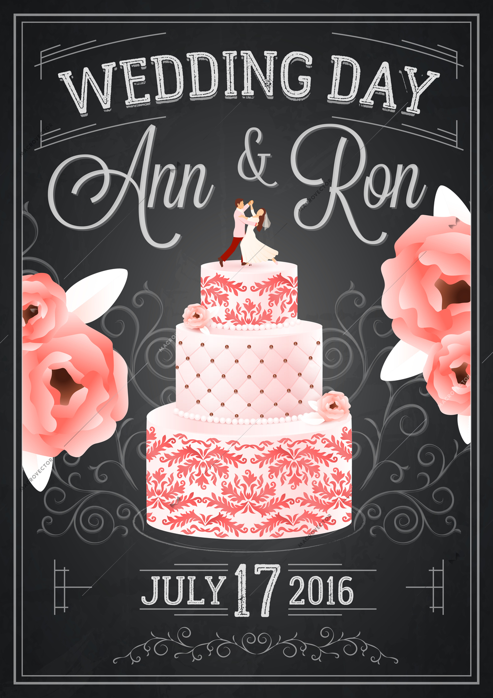 Wedding day chalkboard poster with date flowers and cake flat vector illustration