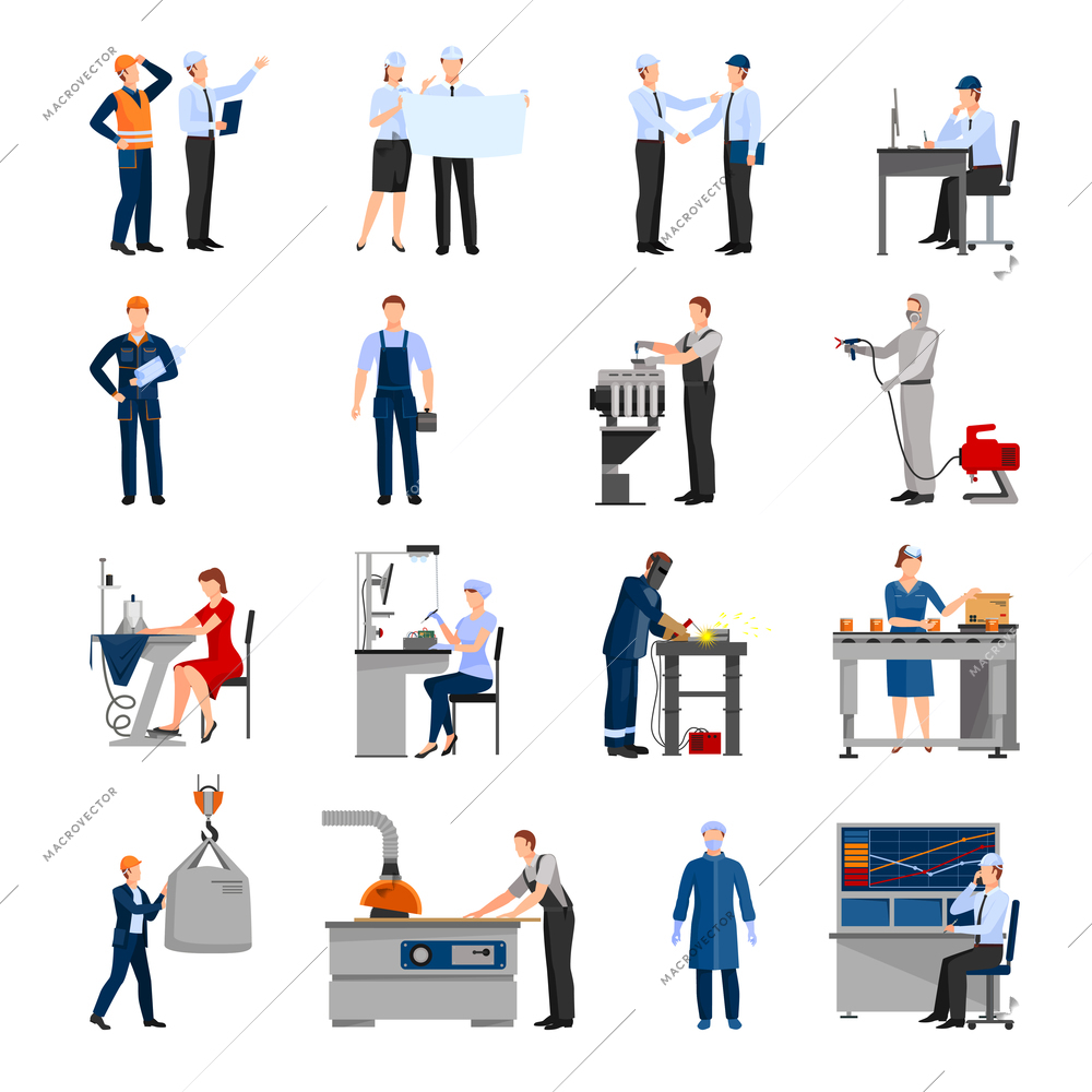 Icons set of drawn in flat style different factory workers from engineer to conveyor operator isolated vector illustration