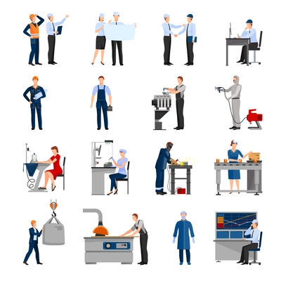 Icons set of drawn in flat style different factory workers from engineer to conveyor operator isolated vector illustration